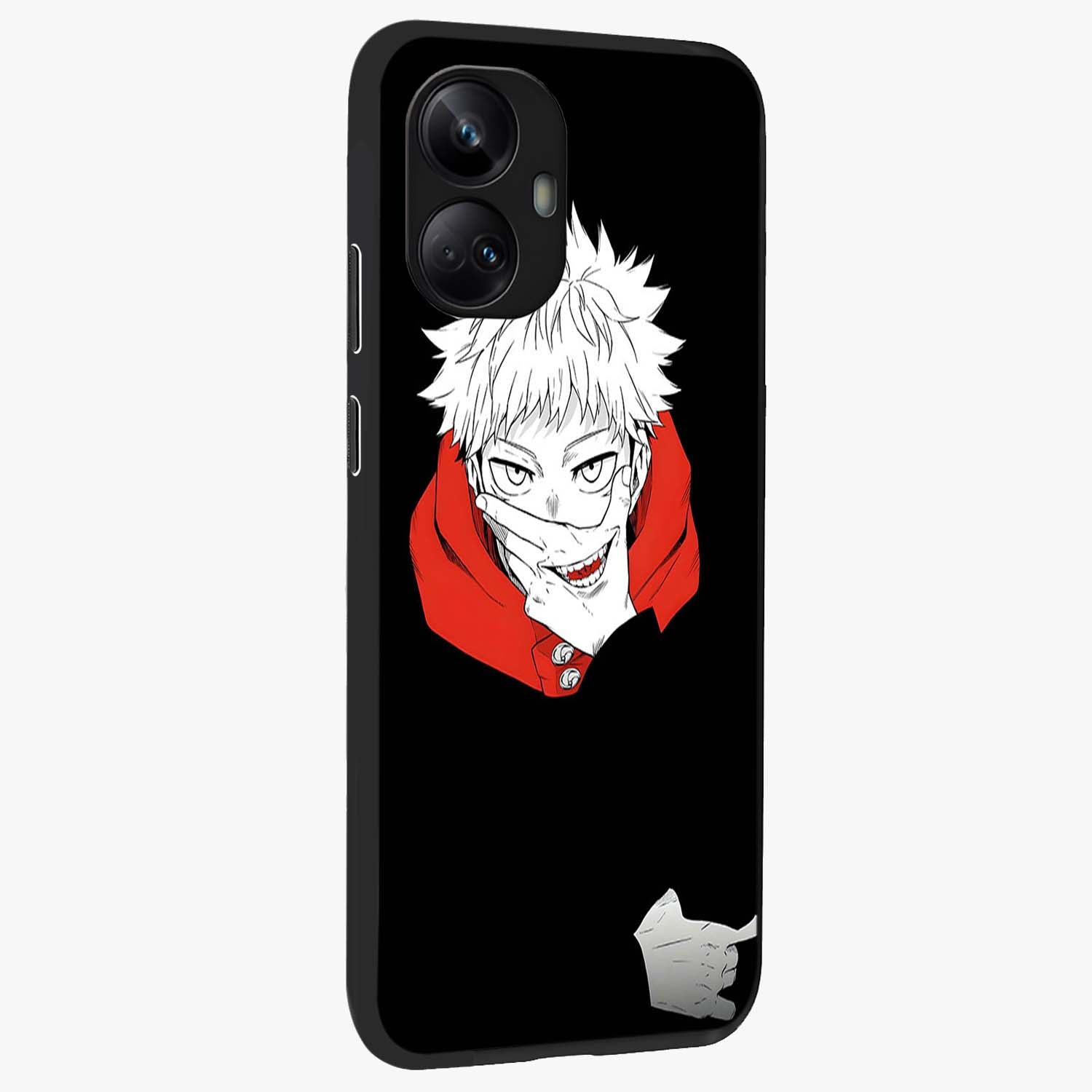 Crimson Chaos Smile Glass Case upright view showcasing expressive chaotic artwork with striking visual theme.