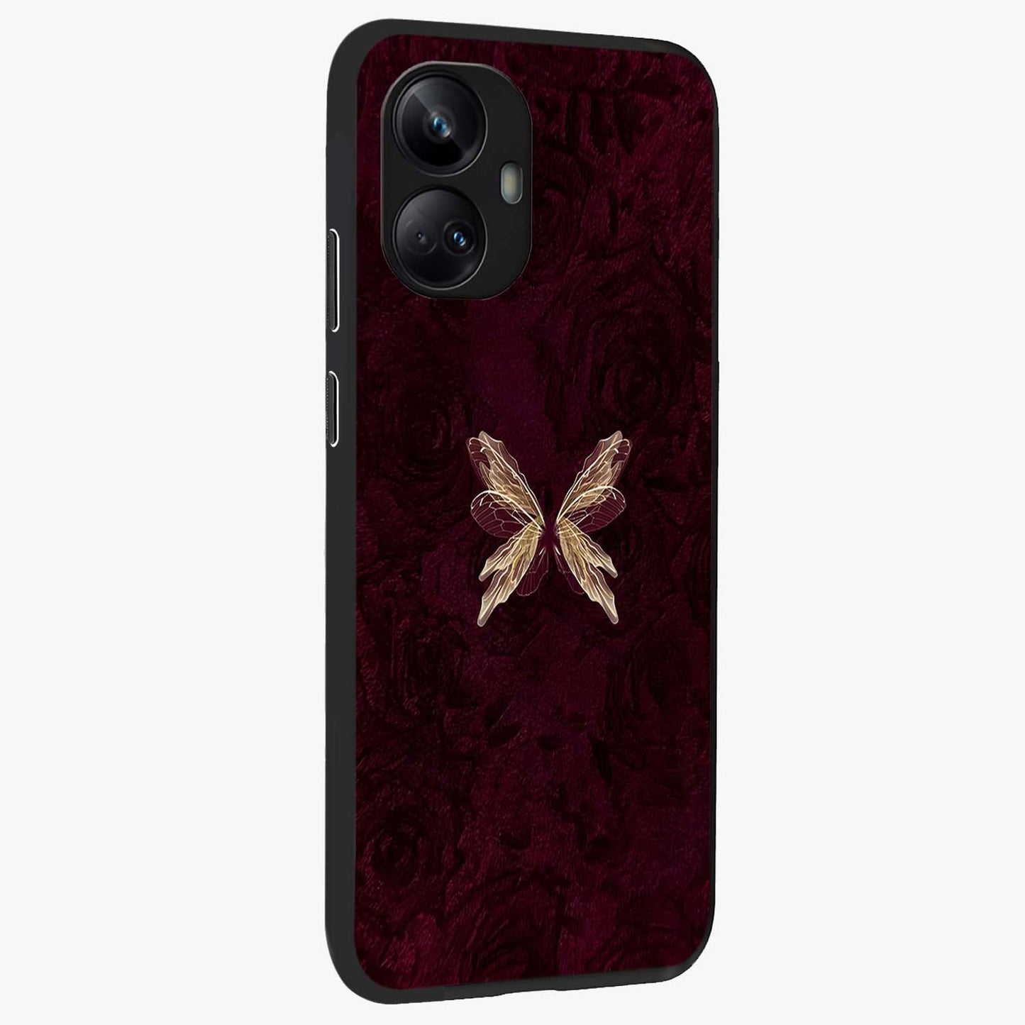 Crimson Fade Butterfly Glass Case upright view showcasing graceful butterfly artwork with soft crimson fade effect.