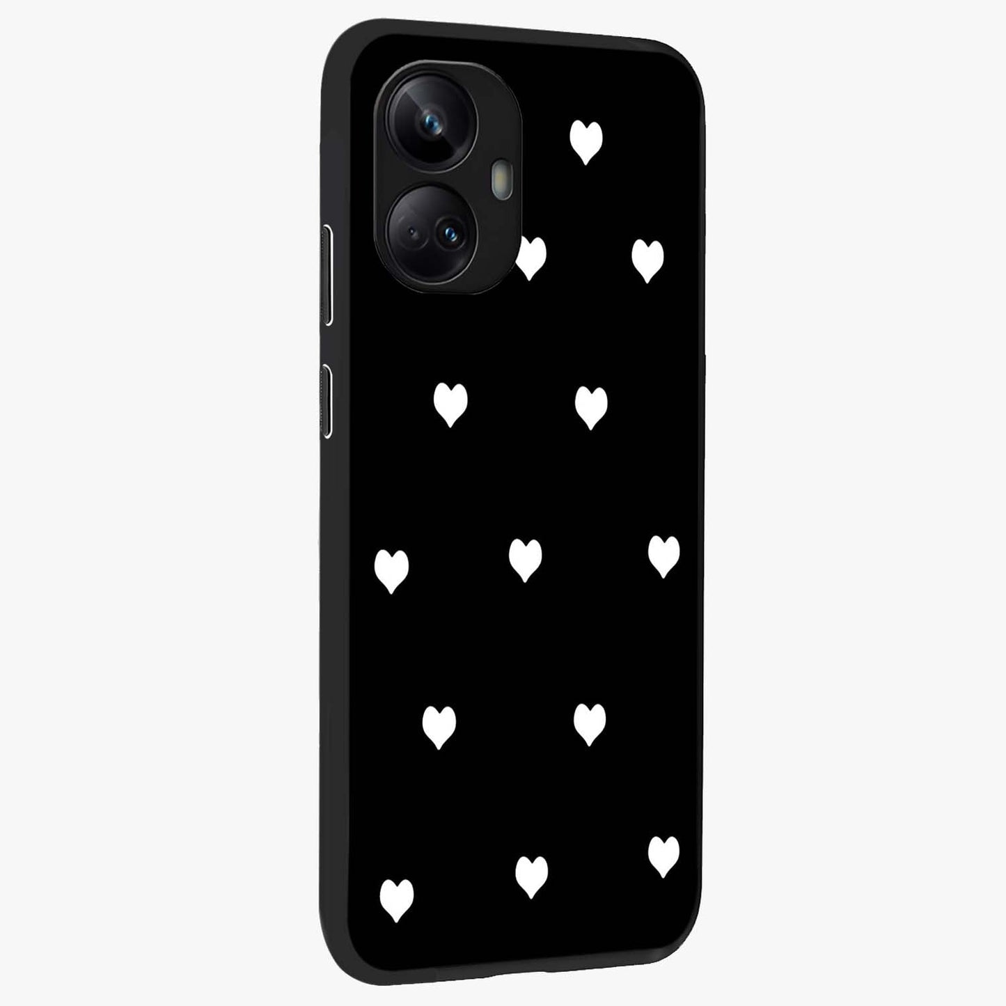Cute And Simple White Hearts Glass Case upright view showcasing simple white hearts artwork with soft minimal theme.