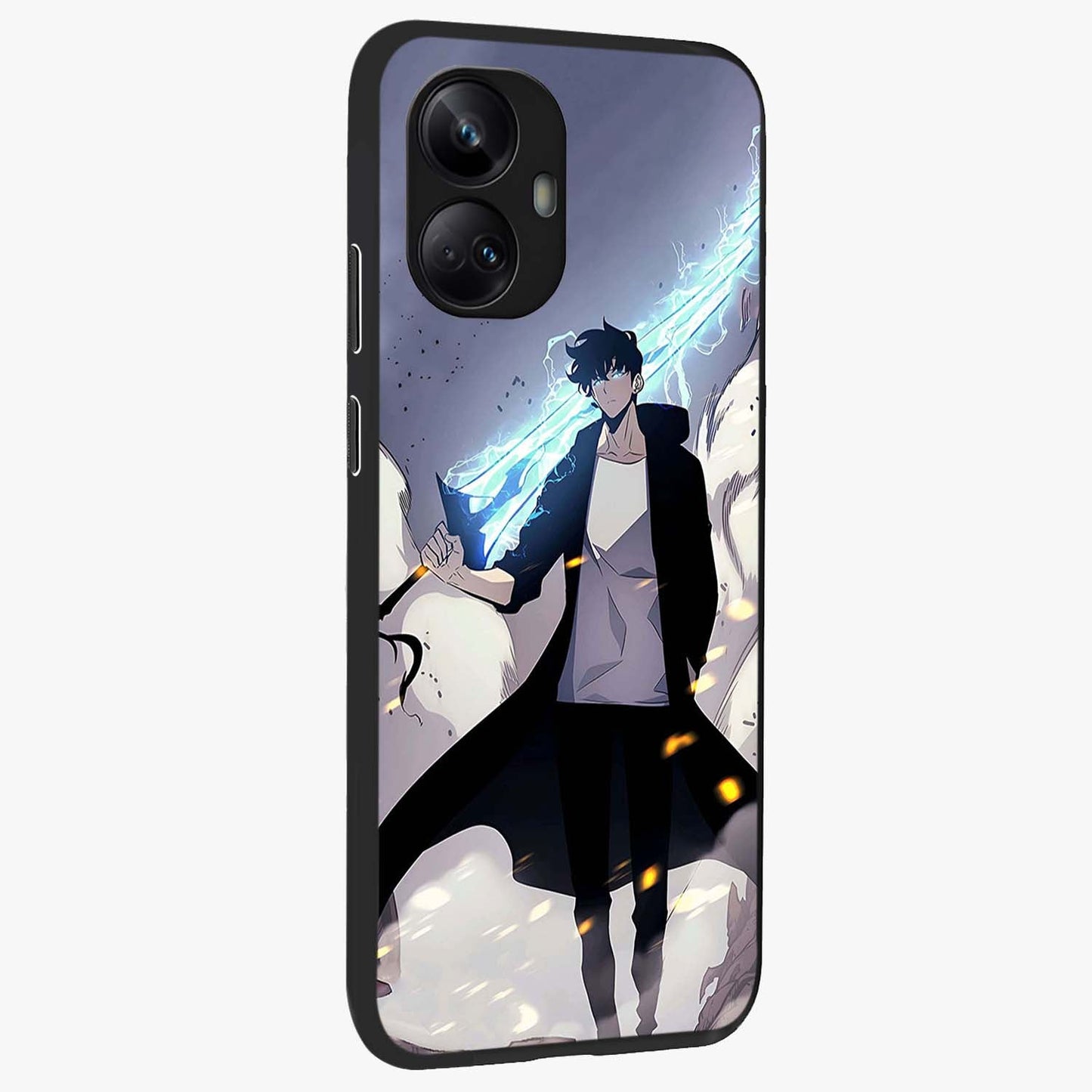 Dark Lightning Anime Warrior Glass Case upright view showcasing dramatic warrior artwork with dark lightning aesthetic.