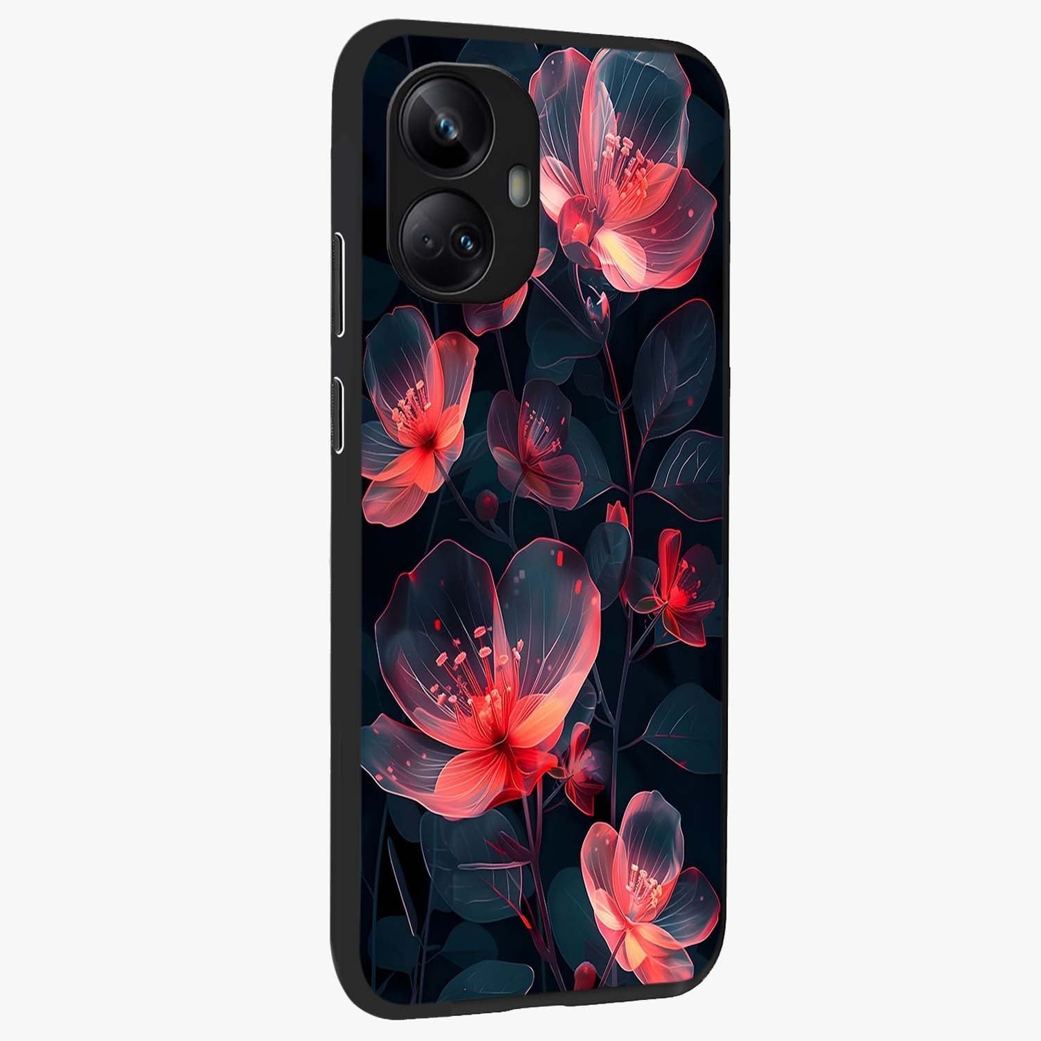 Dark Shade of Flower Glass Case upright view showcasing delicate flower artwork with rich dark floral theme.