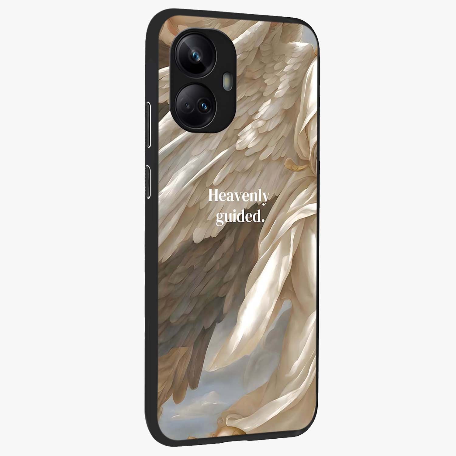 Divine Winged Grace Glass Case upright view showcasing spiritual wing artwork with soft celestial theme.