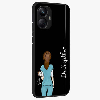 Doctor Pattern Custom Name Glass Case upright view showcasing healthcare themed design with personalized aesthetic.