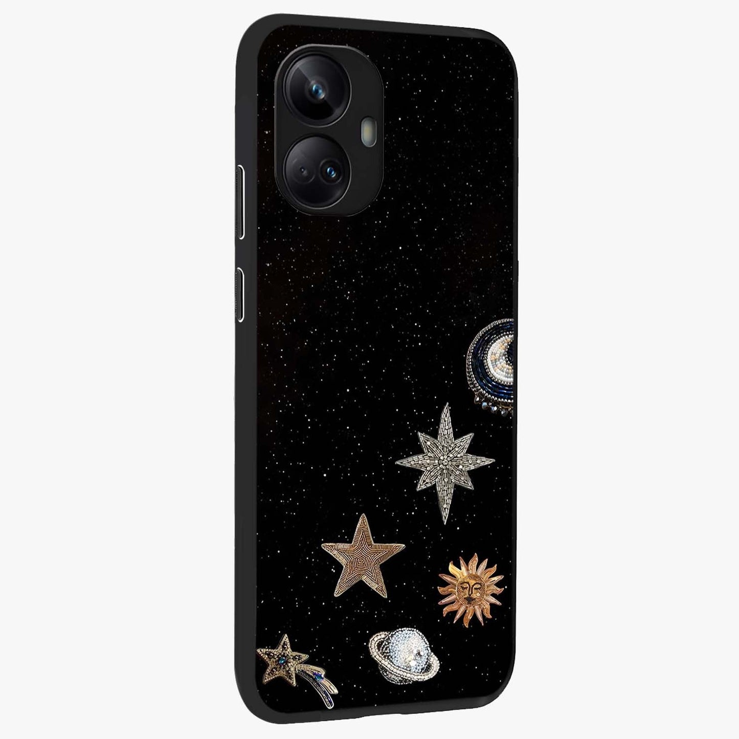 Galactic Charm Glow Glass Case upright view showcasing glowing cosmic charm artwork with magical celestial style.