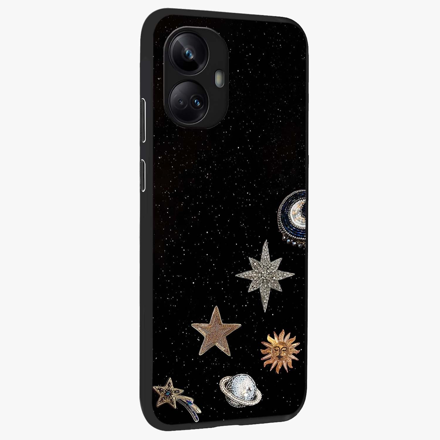 Galactic Charm Glow Glass Case upright view showcasing glowing cosmic charm artwork with magical celestial style.