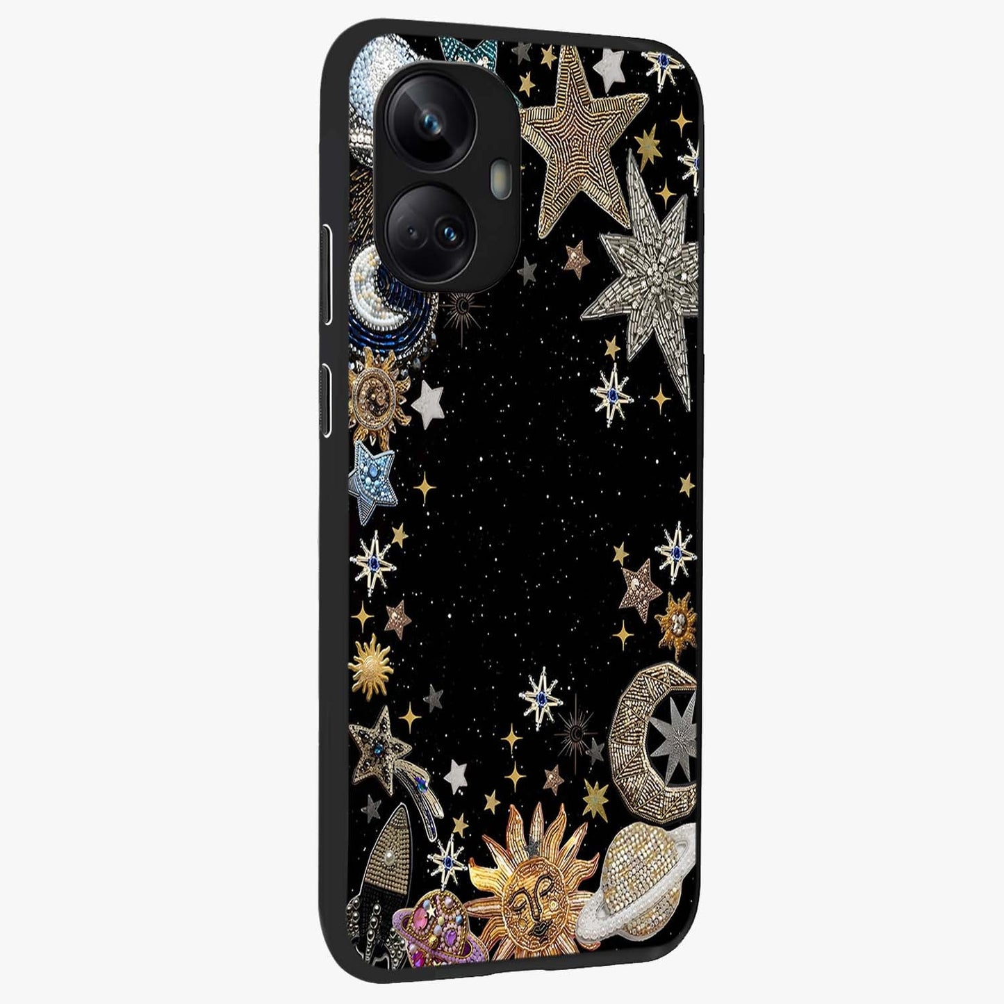 Galactic Jewel Stars Glass Case upright view showcasing glittering star jewel artwork with vibrant galaxy theme.