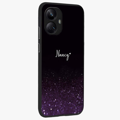 Glittery Purple Bokeh Custom Name Glass Case upright view showcasing vibrant purple sparkle artwork with personalized aesthetic style.