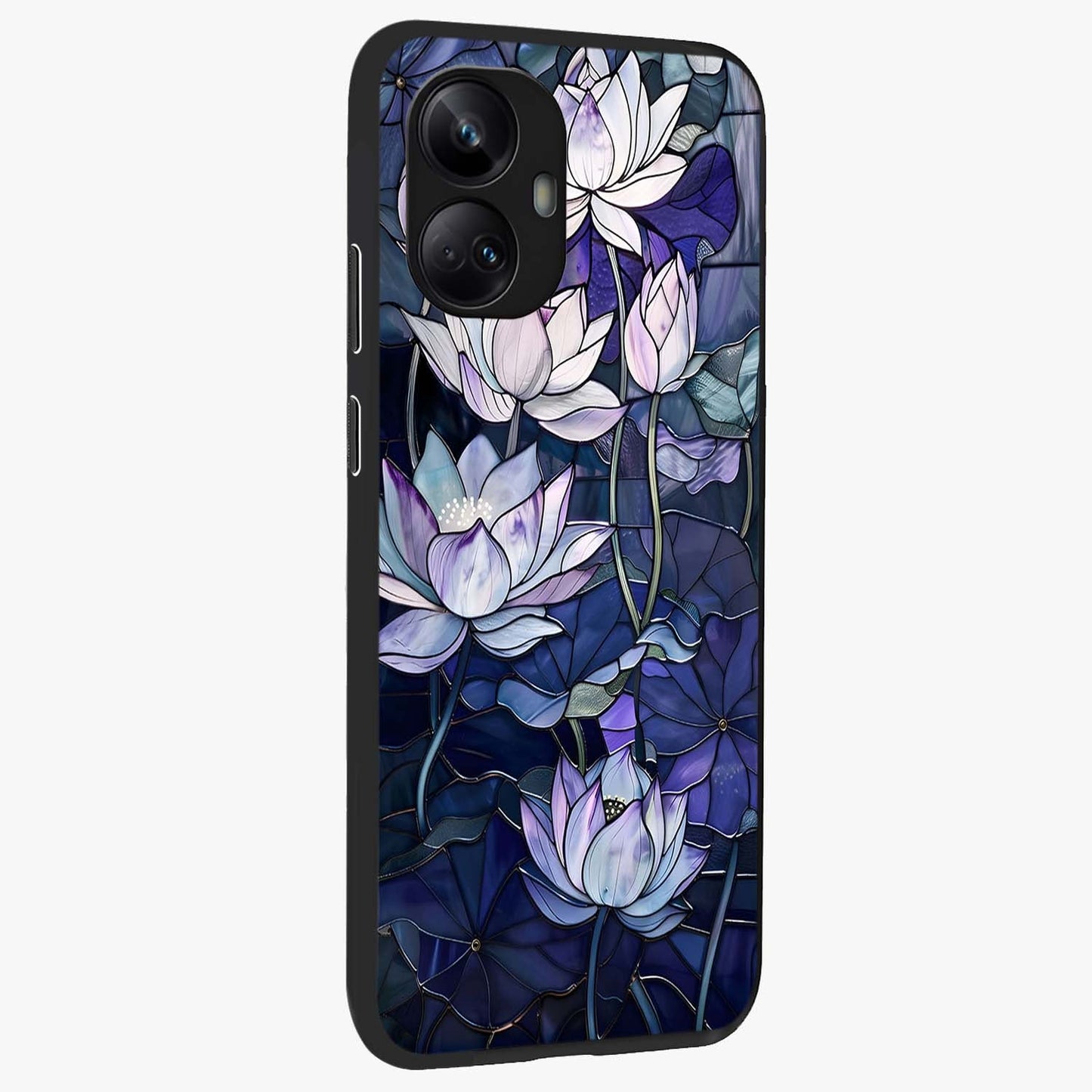 Gloss Petal Rush Glass Case upright view showcasing dynamic floral petal artwork with modern botanical theme.