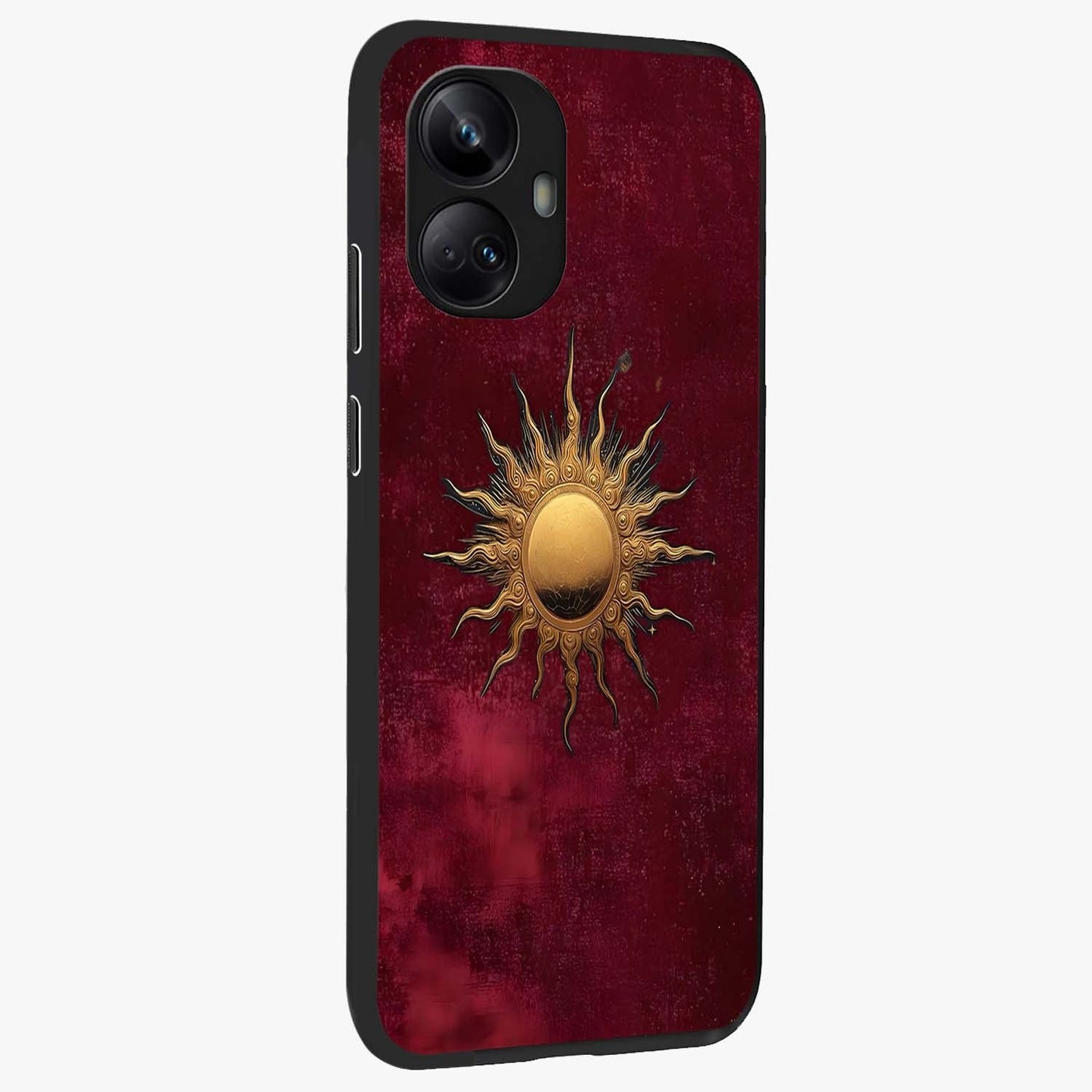 Golden Sun Minimalism Glass Case upright view showcasing simple golden sun artwork with elegant minimalist style.