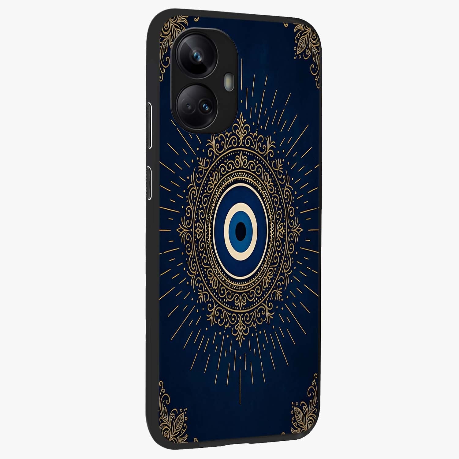 Golden Celestial Charm Glass Case upright view showcasing radiant celestial artwork with elegant golden theme.