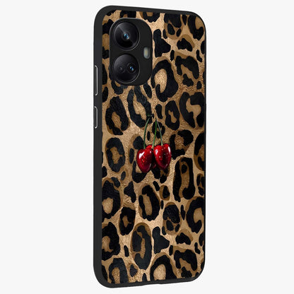 Leopard Wild Cherry Glass Case upright view showcasing stylish leopard pattern artwork with trendy fashion theme.
