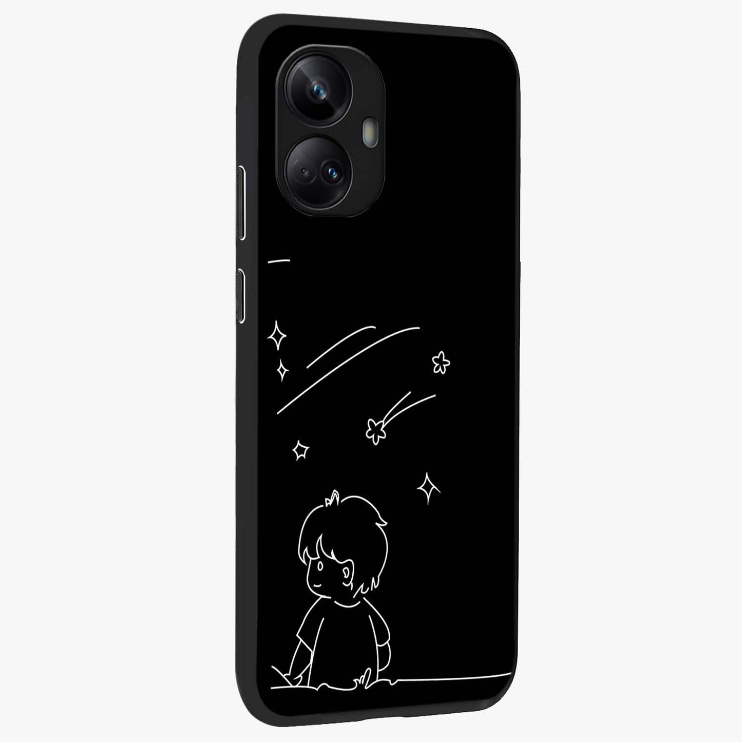 Line Art Boy With Shooting Stars Glass Case upright view showcasing artistic shooting star illustration with minimal style.