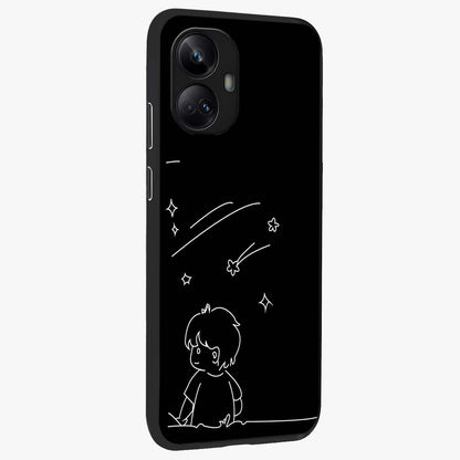 Line Art Boy With Shooting Stars Glass Case upright view showcasing artistic shooting star illustration with minimal style.