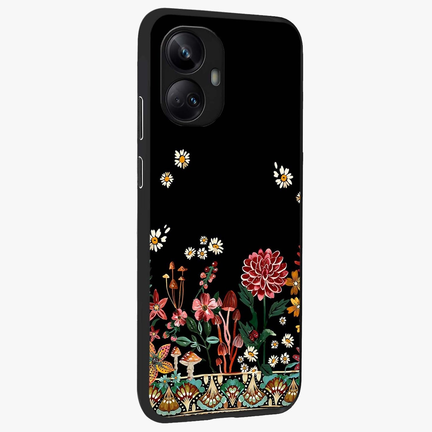 Midnight Bloom Pattern Glass Case upright view showcasing decorative floral artwork with deep night themed palette.