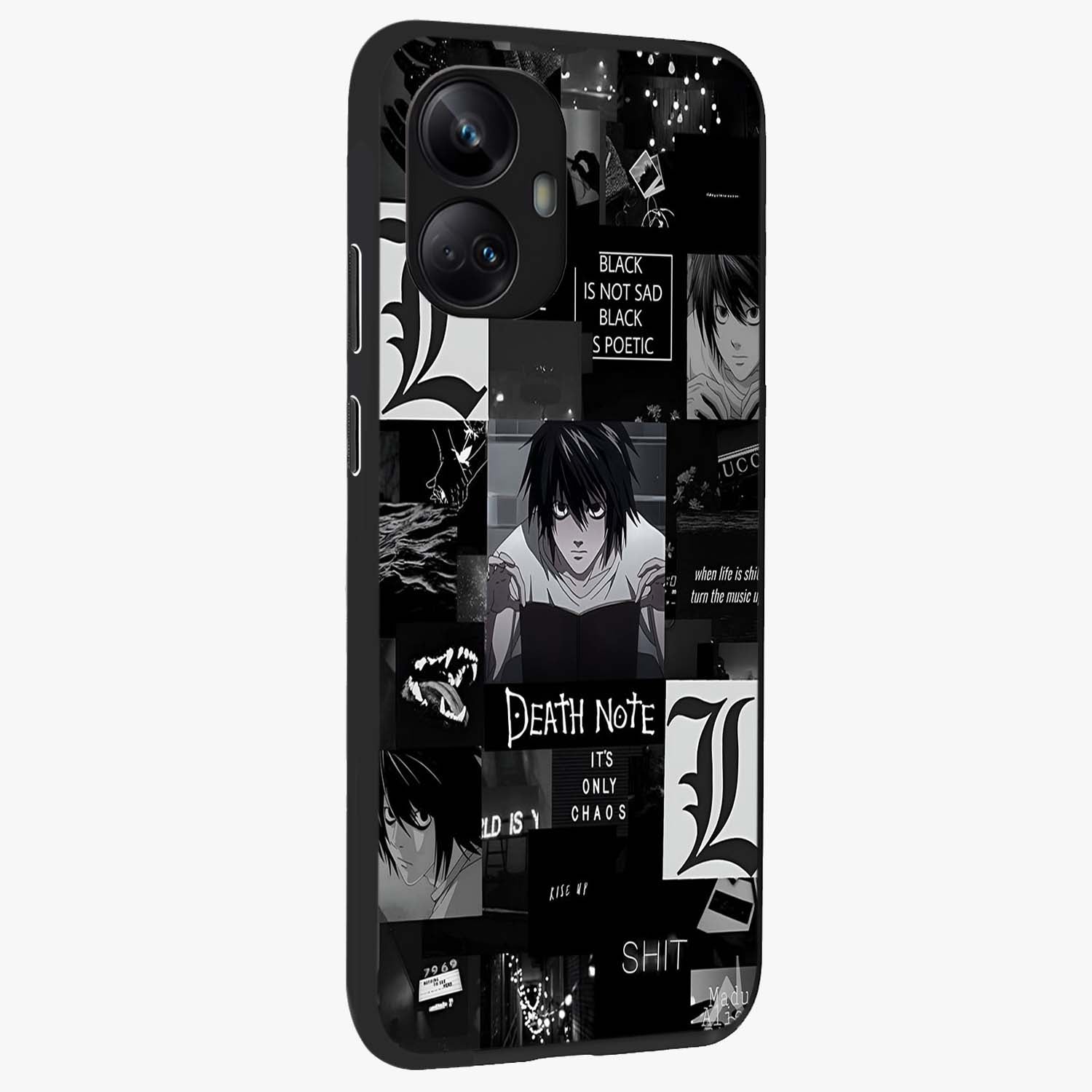 Midnight Chaos Mind Glass Case upright view showcasing expressive abstract artwork with bold dark theme.