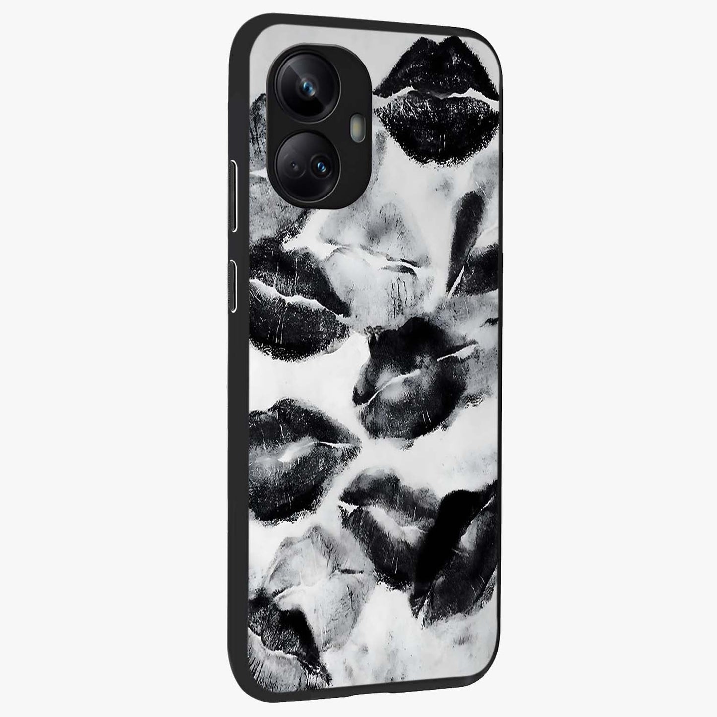 Midnight Kiss Marks Glass Case upright view showcasing stylish kiss mark artwork with trendy romantic theme.