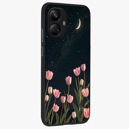 Midnight Tulip Whispers Vibe Glass Case upright view showcasing graceful tulip artwork with calm botanical theme.
