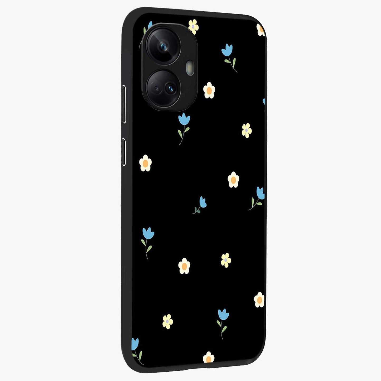 Minimal Petal Whispers Glass Case upright view showcasing elegant floral artwork with modern minimalist style.