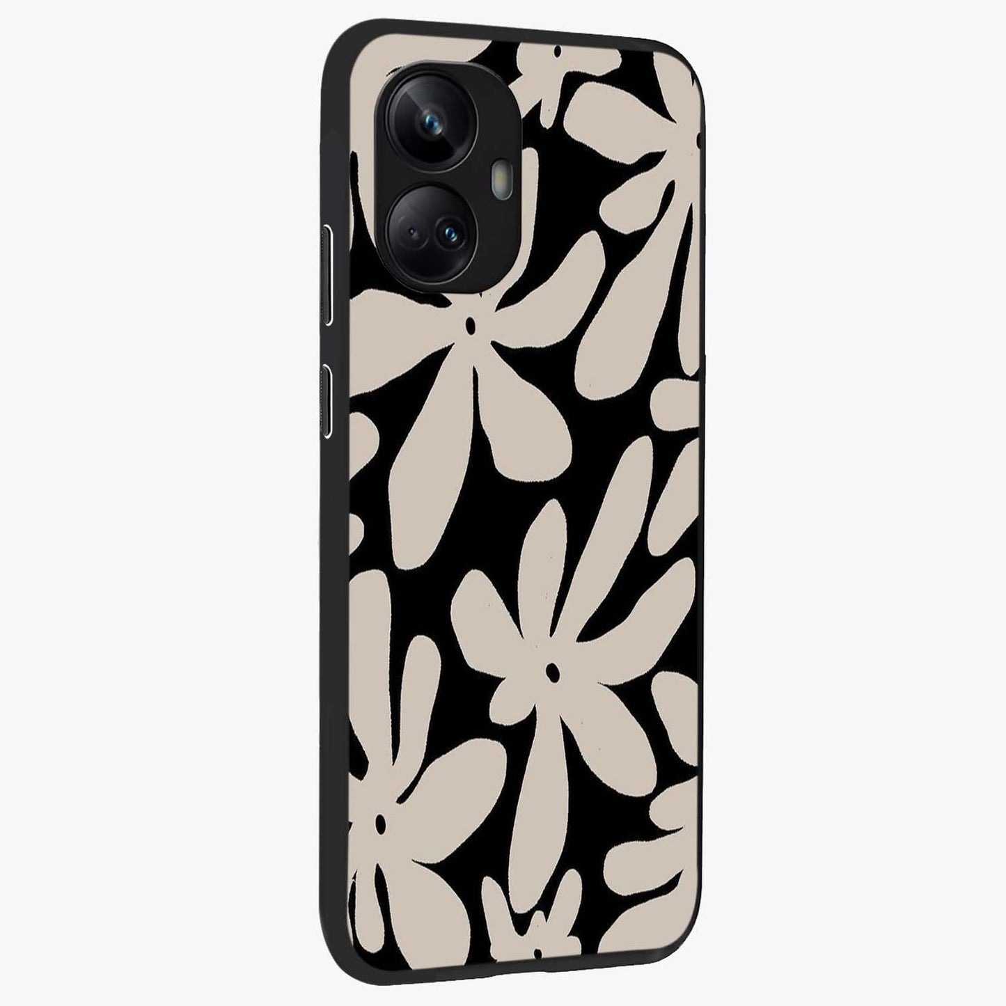 Monochrome Petal Dance Glass Case upright view showcasing artistic floral pattern with stylish monochrome theme.