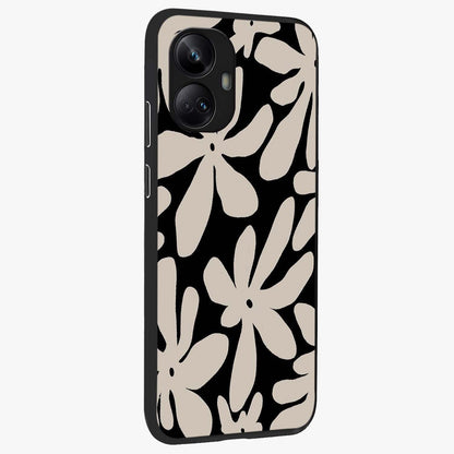 Monochrome Petal Dance Glass Case upright view showcasing artistic floral pattern with stylish monochrome theme.