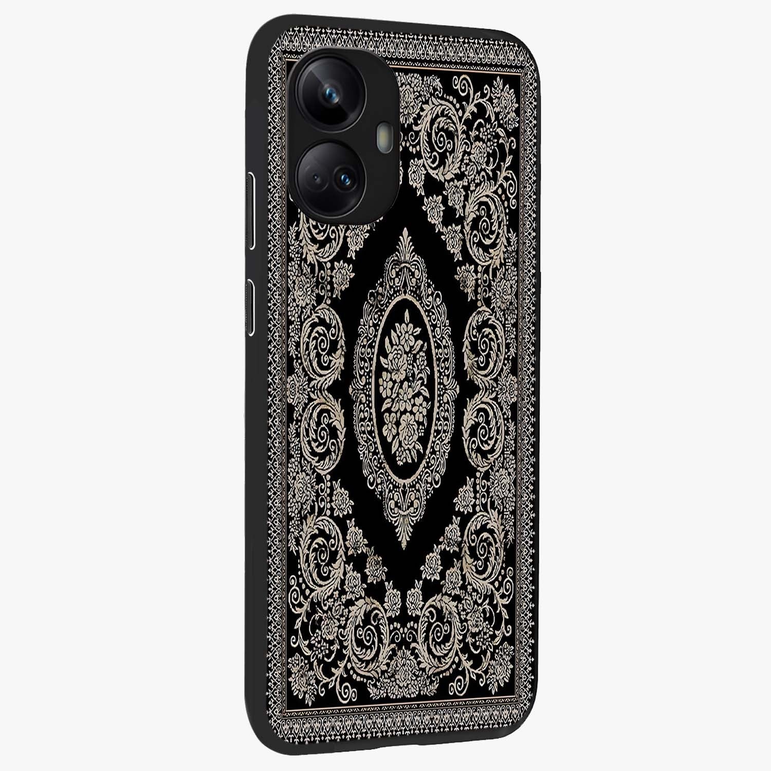 Noir Bloom Elegance Glass Case upright view showcasing graceful floral artwork with luxurious dark theme.