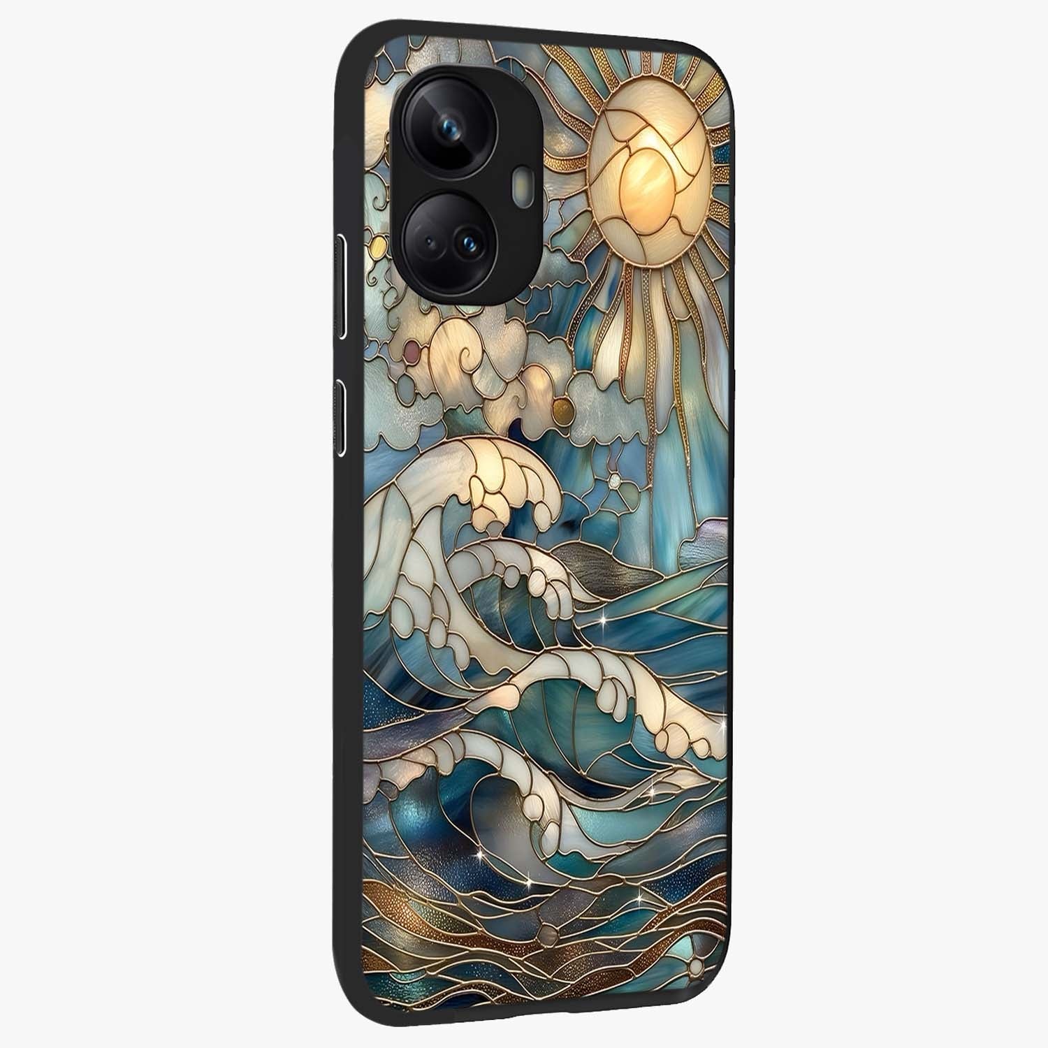 Oceanic Stained Printed Glass Case upright view showcasing decorative ocean pattern artwork with vibrant marine theme.