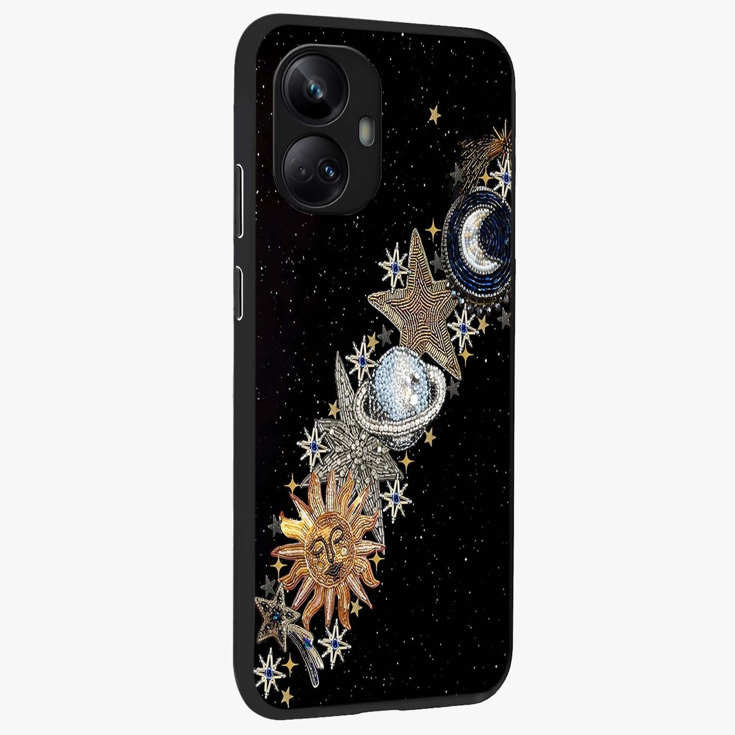 Pearls Universe Object Glass Case upright view showcasing decorative pearl themed artwork with cosmic elegance.