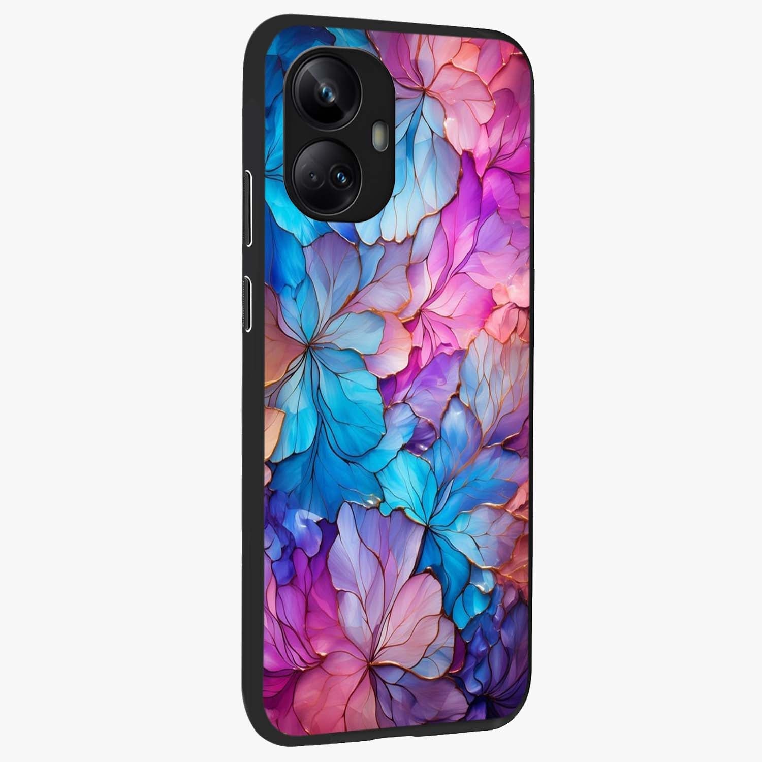 Radiant Floral Whirl Glass Case upright view showcasing lively floral artwork with decorative swirl theme.