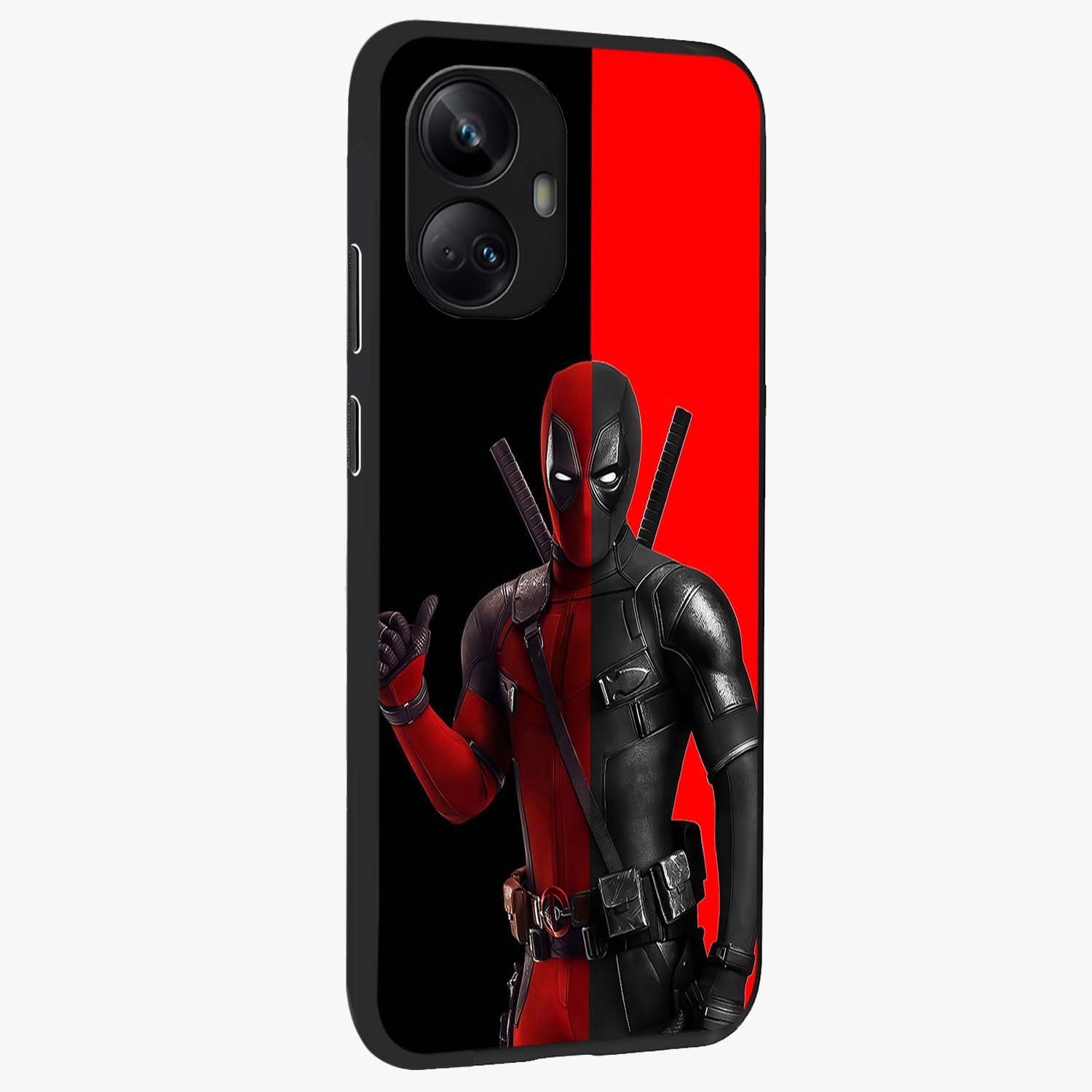 Red & Black Deadpool Theme Glass Case upright view showcasing energetic comic themed artwork with striking red and black design.
