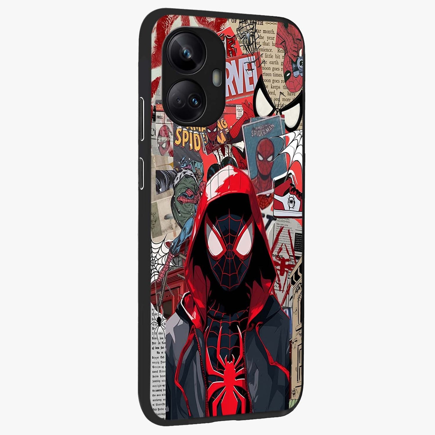 Spider Collage Street Glass Case upright view showcasing bold superhero artwork with urban street theme.