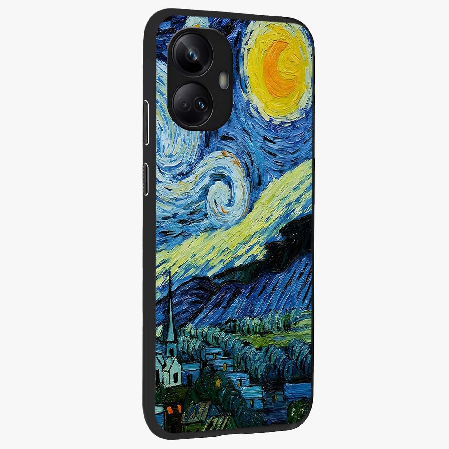 Van Gogh Art Glass Case upright view showcasing expressive painting style artwork with timeless artistic theme.