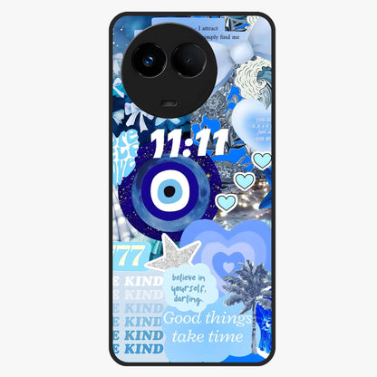 Aesthetic Be Kind Eye Glass Case showing flat back view with motivational eye artwork and glossy glass finish.