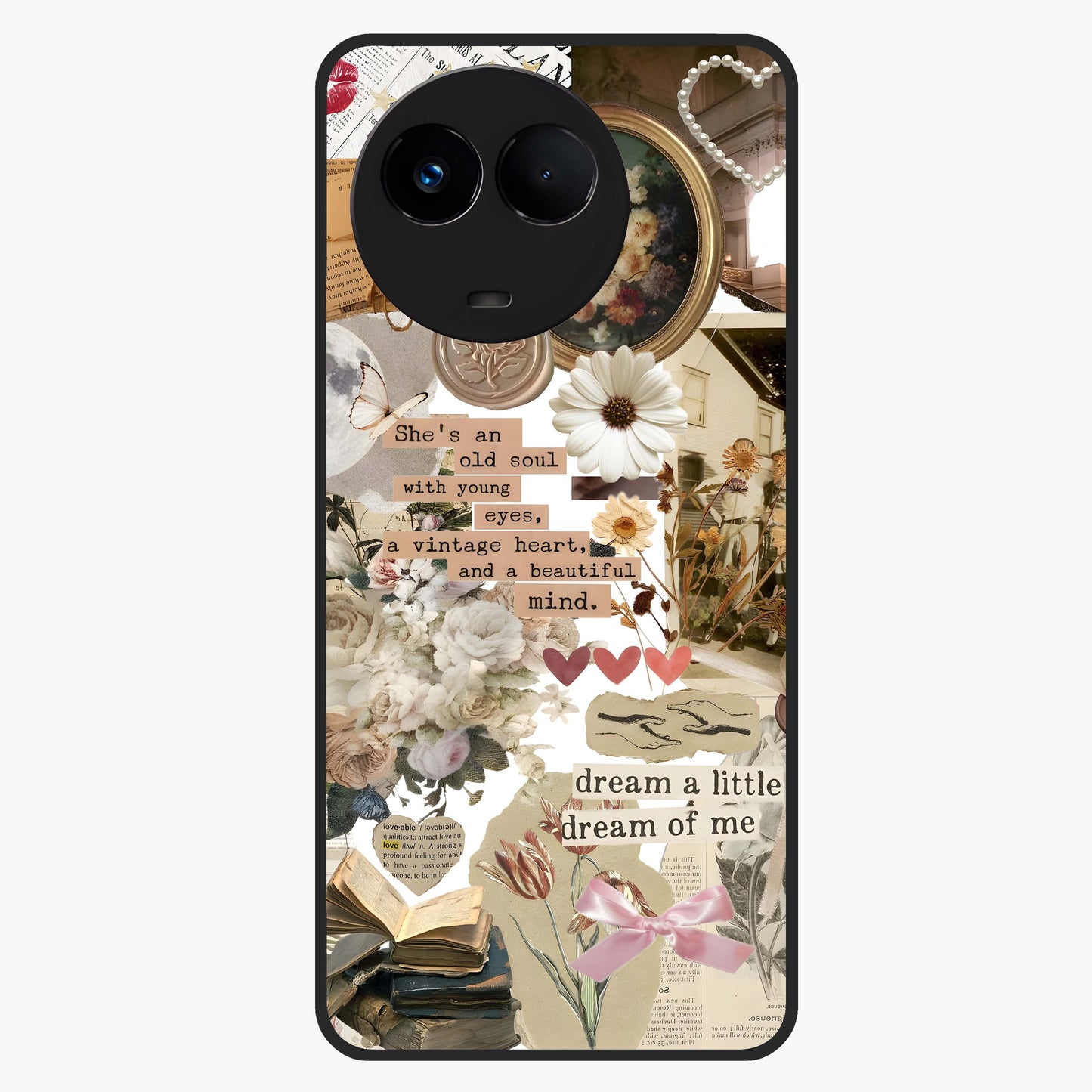 Aesthetic Brown Vintage Collage Glass Case showing flat back view with retro collage artwork and glossy glass finish.