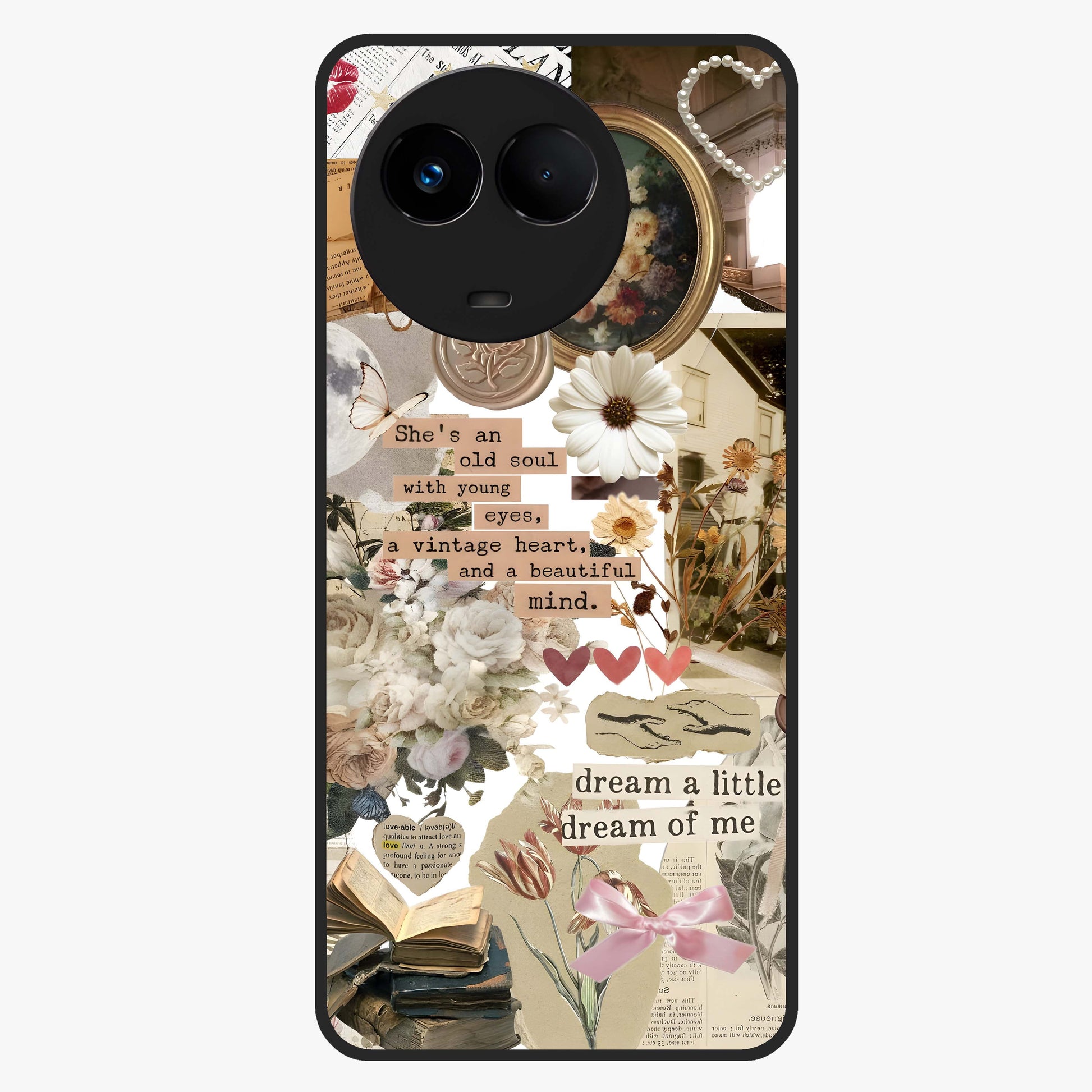 Aesthetic Brown Vintage Collage Glass Case showing flat back view with retro collage artwork and glossy glass finish.