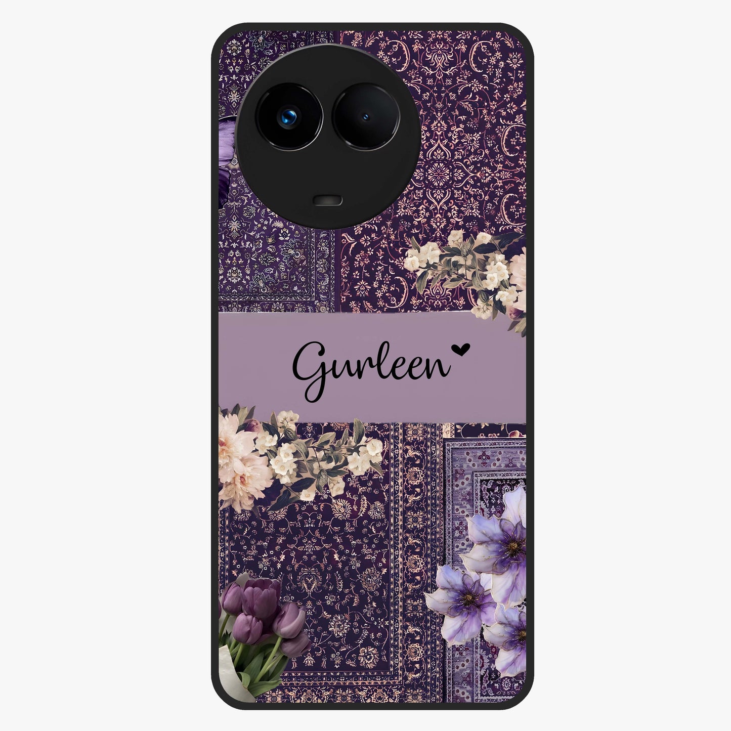 Antique Floral Whisper Custom Name Glass Case showing flat back view with vintage floral artwork and personalized name design.