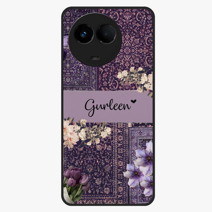 Antique Floral Whisper Custom Name Glass Case showing flat back view with vintage floral artwork and personalized name design.