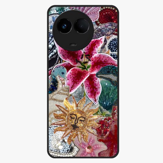 Beaded Garden Fantasy Glass Case showing flat back view with dreamy garden bead artwork and glossy glass finish.