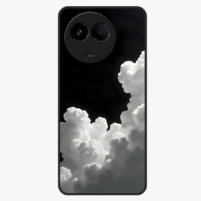 Black Background With White Cloud Glass Case showing flat back view with minimal cloud artwork on dark background and glossy glass finish.