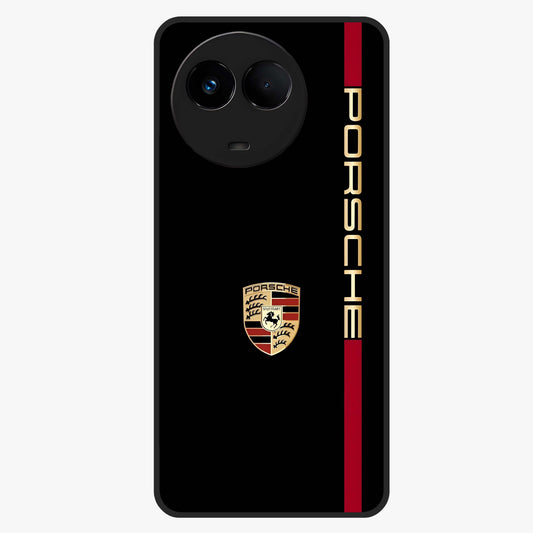 Black Minimal Porsche Glass Case showing flat back view with sleek minimal sports car artwork and glossy glass finish.