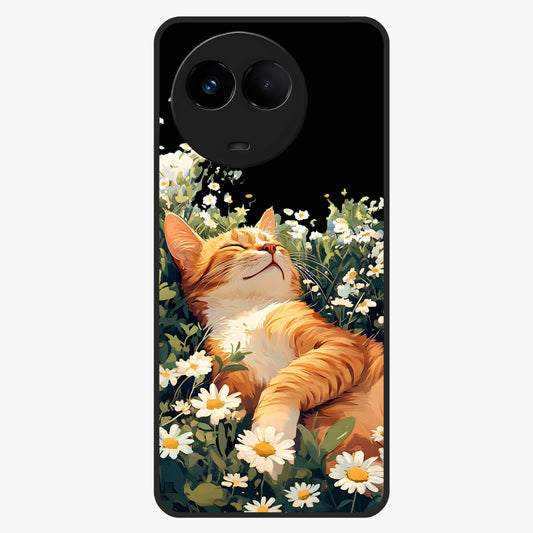 Blissful Bloom Cat Glass Case showing flat back view with cute cat and floral bloom artwork and glossy glass finish.