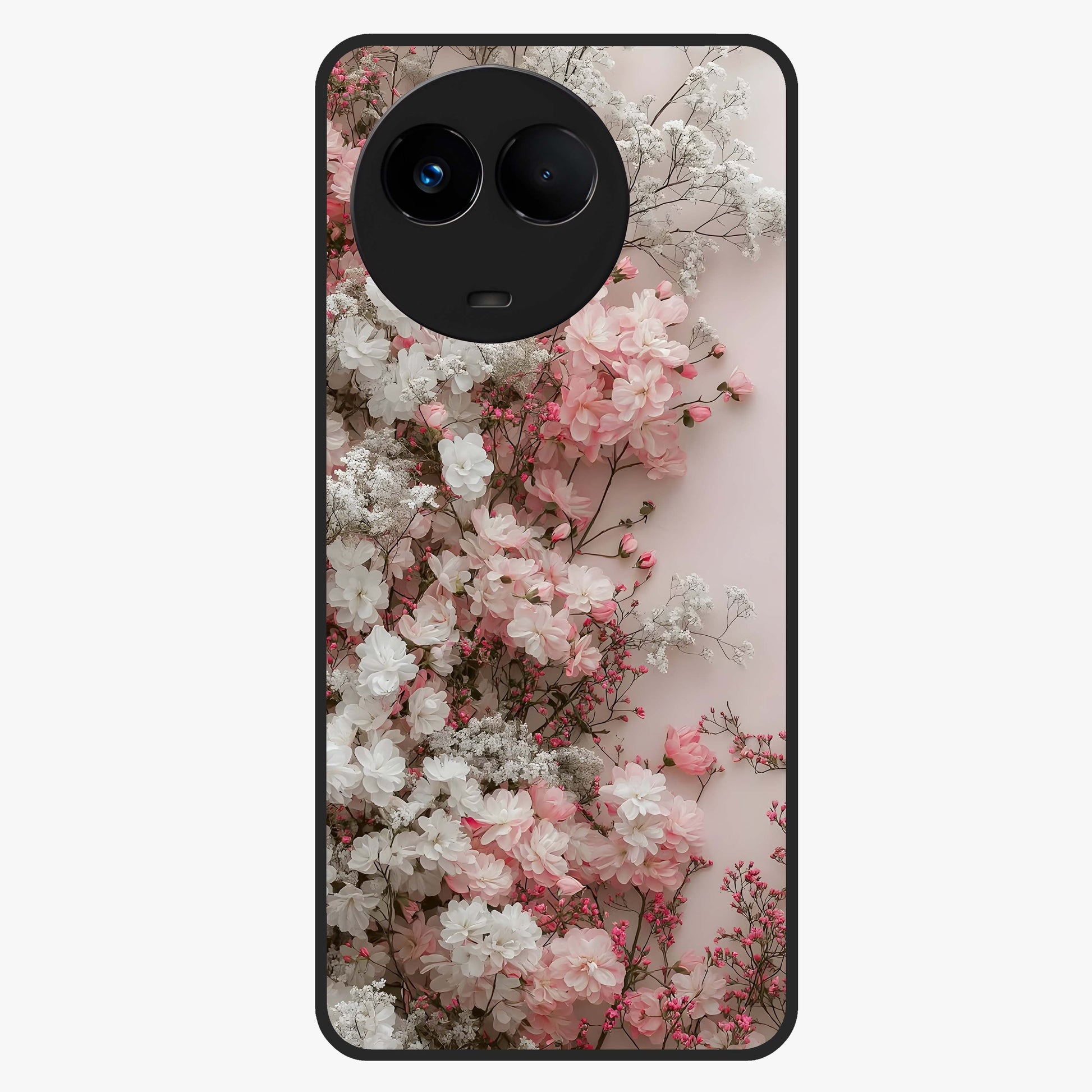 Blush Blossom Cloud Glass Case showing flat back view with dreamy blush cloud blossom artwork and glossy glass finish.