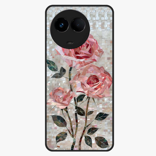 Blush Mosaic Bloom Glass Case showing flat back view with mosaic floral bloom artwork and glossy glass finish.