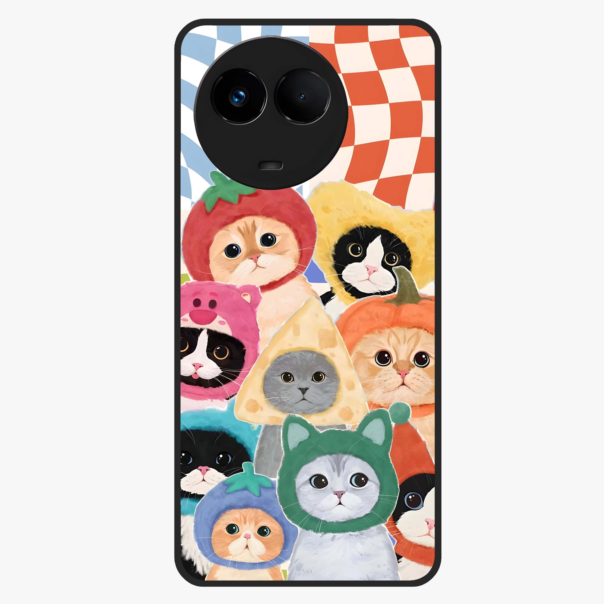 Cats in Fruits Glass Case showing flat back view with playful cat illustrations inside fruit artwork and glossy glass finish.