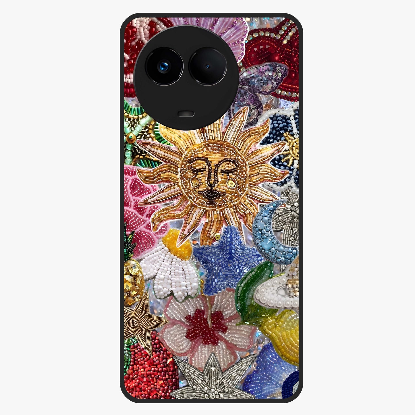 Celestial Floral and Playful Glass Case showing flat back view with floral and celestial themed artwork and glossy glass finish.