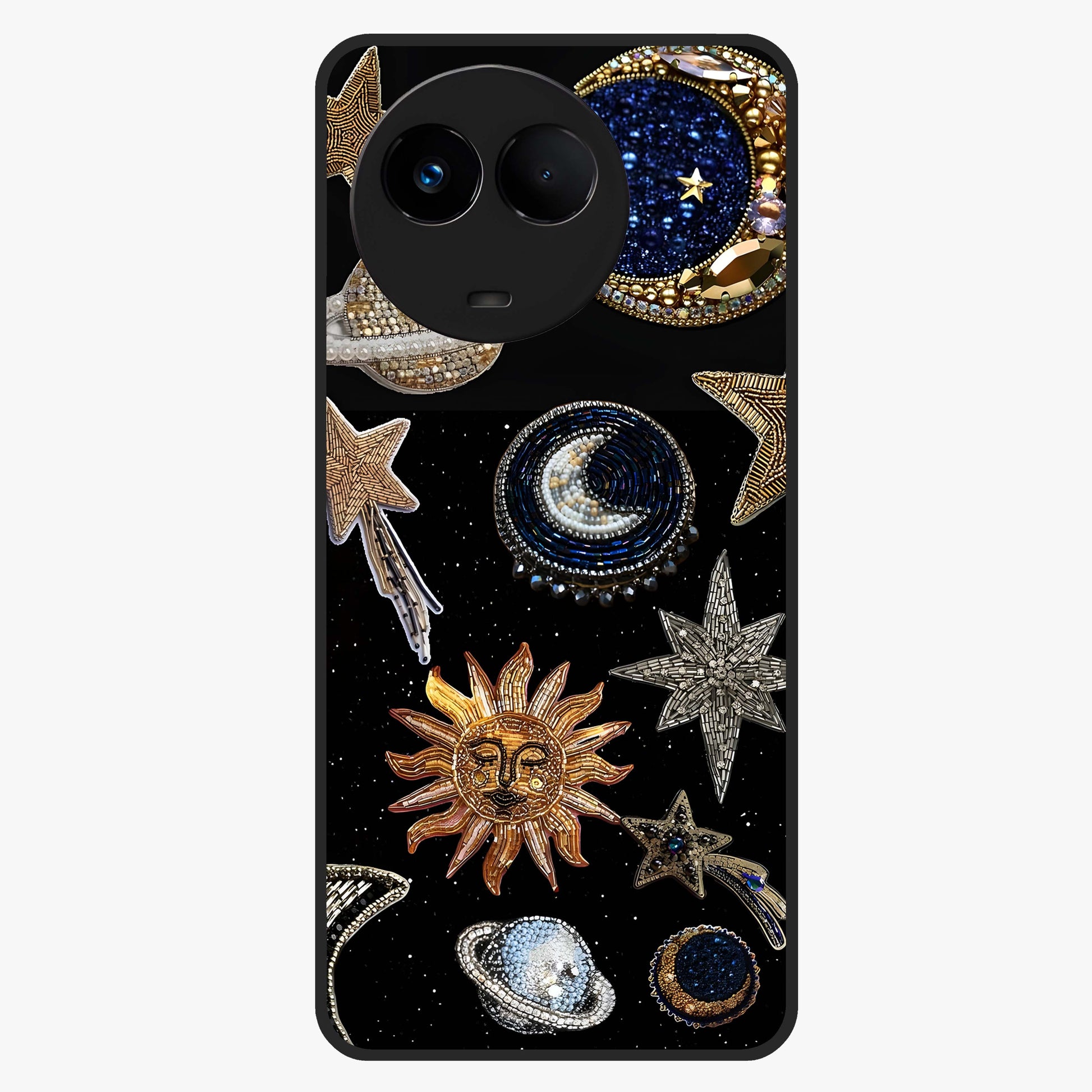 Celestial Gem Constellations Glass Case showing flat back view with sparkling constellation artwork and glossy glass finish.