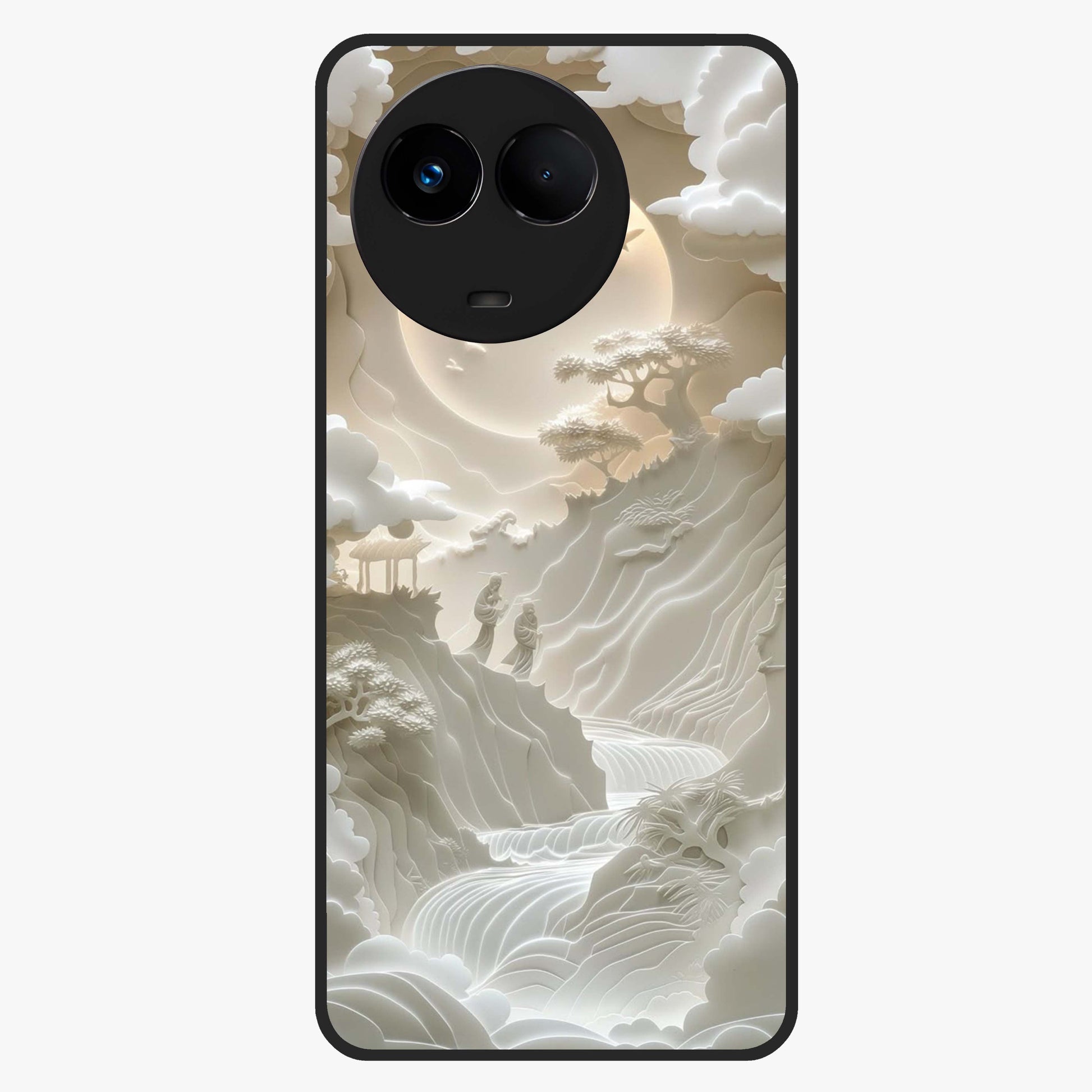 Celestial Origami Glass Case showing flat back view with artistic origami inspired celestial artwork and glossy glass finish.