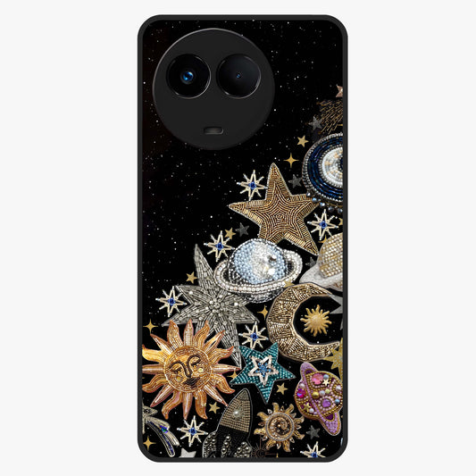 Cosmic Sparkle Dreams Glass Case showing flat back view with sparkling cosmic artwork and glossy glass finish.