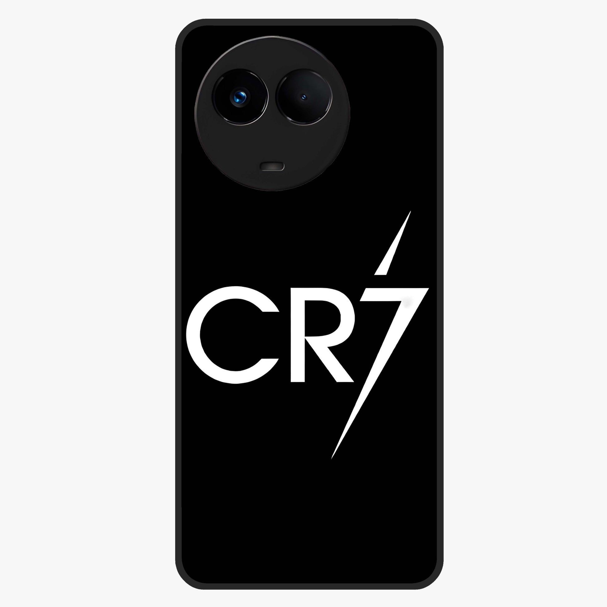 Cr7 Elite Strike Glass Case showing flat back view with dynamic football inspired artwork and glossy glass finish.