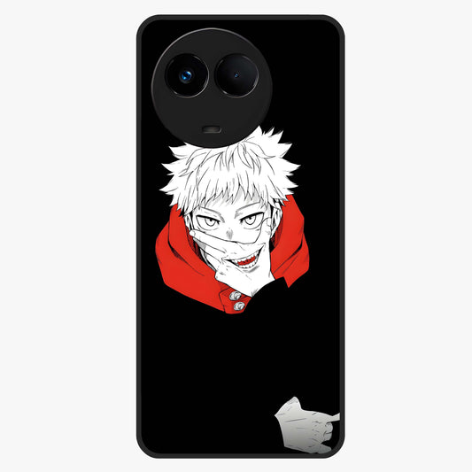 Crimson Chaos Smile Glass Case showing flat back view with bold chaotic smile artwork and glossy glass finish.