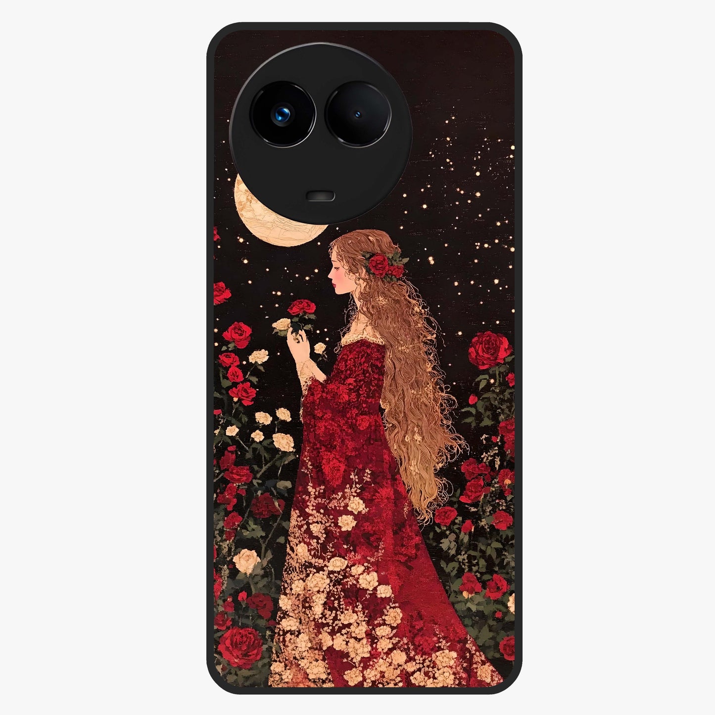 Crimson Dreams Glass Case showing flat back view with dreamy crimson artwork and glossy glass finish.